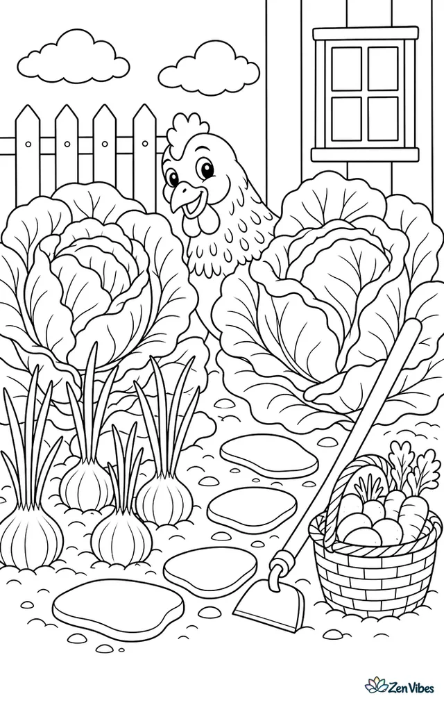 A Campine hen peeks between giant cabbage heads in a kitchen garden, surrounded by onion rows, a hoe, stepping stones, and a woven basket partly filled with vegetables.