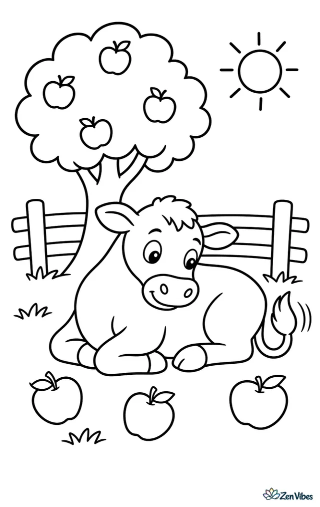 A Jersey cow rests under an apple tree, swishing its tail while looking at fallen apples, with simple grass tufts, a split-rail fence, and a round sun overhead.
