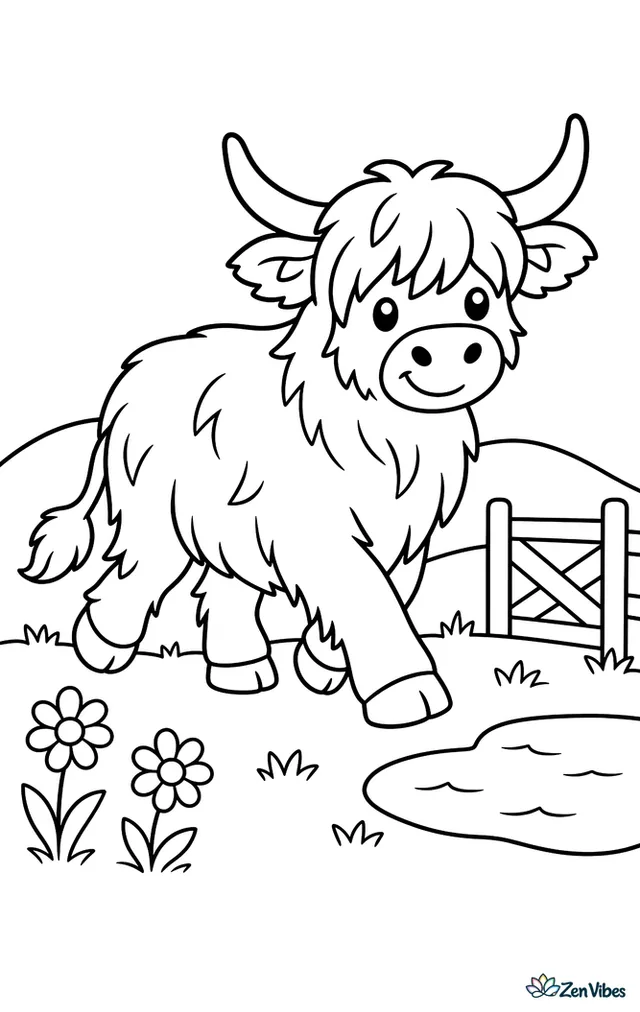A Highland cow walks across a grassy pasture, its shaggy coat blowing gently, with rolling hills, two daisies, a wooden gate, and a small pond nearby.