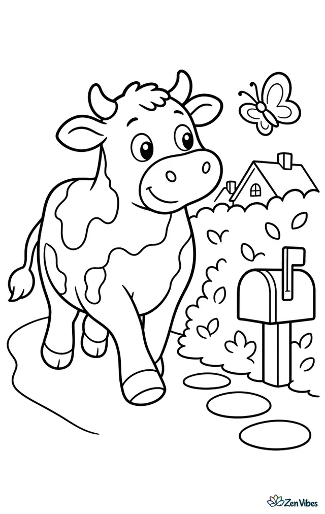 A Guernsey cow strolls along a country lane beside a hedge, glancing toward a butterfly, with a mailbox, stepping stones, and distant farmhouse rooftops.