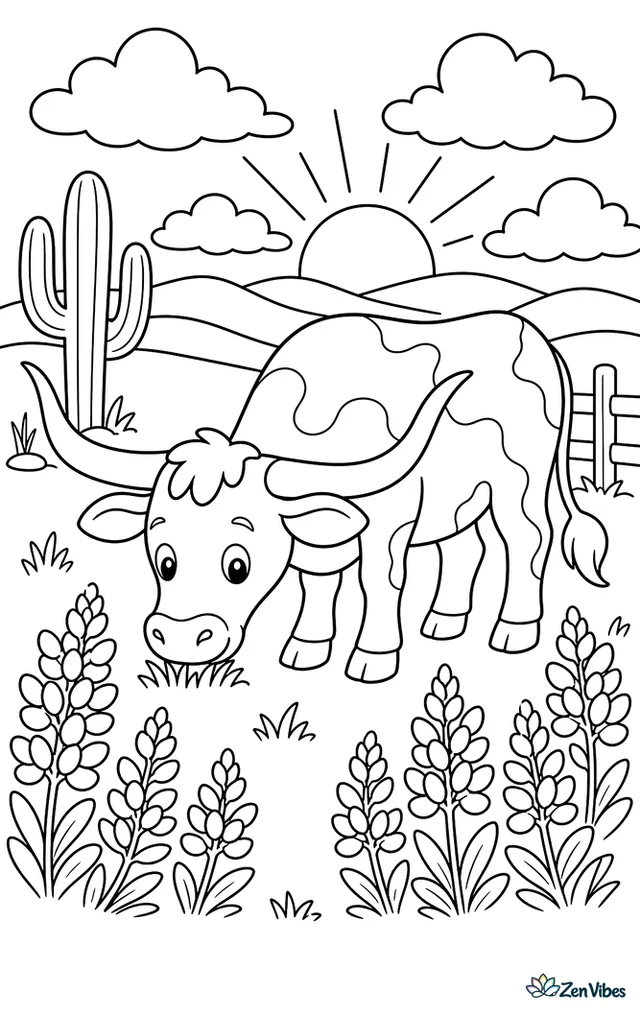 A Texas Longhorn cow stands in a meadow at sunrise, grazing near bluebonnets, with a cactus, fence posts, and layered hills under broad morning clouds.