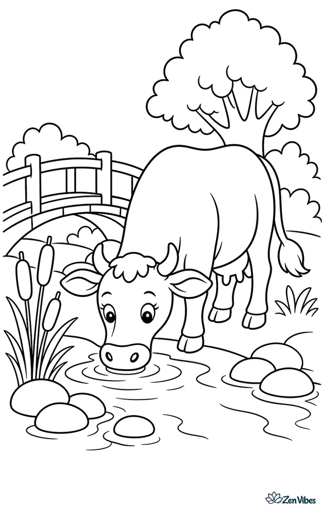 A Brown Swiss cow drinks from a shallow creek, creating ripples beside smooth stones, with cattails, a wooden bridge, and leafy trees lining the bank.