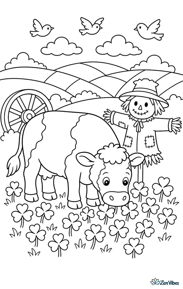 A Hereford cow grazes in a clover field, pausing beside a scarecrow, with a wagon wheel, patchwork fields, and birds flying above the countryside.
