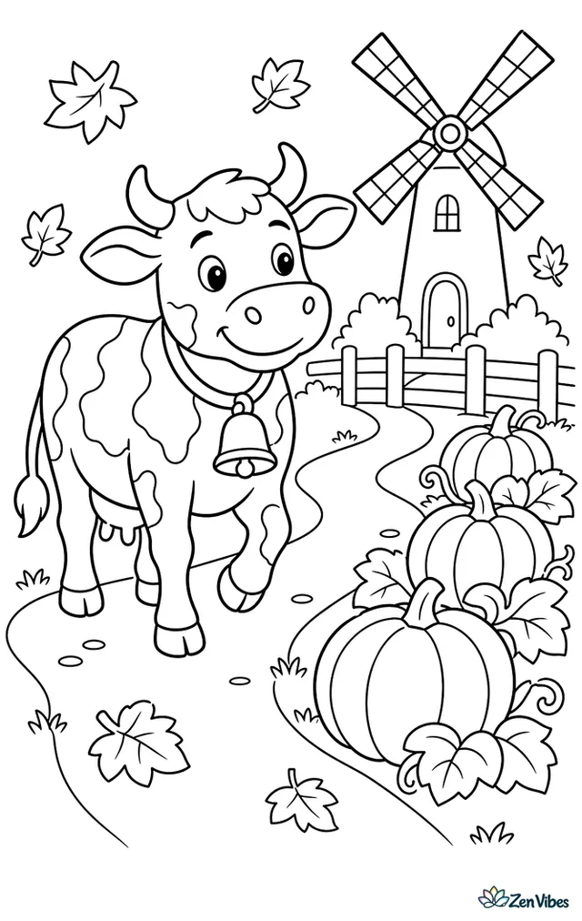 An Ayrshire cow follows a farm path toward a windmill, carrying a bell on its collar, with neat rows of pumpkins, a fence, and drifting autumn leaves.