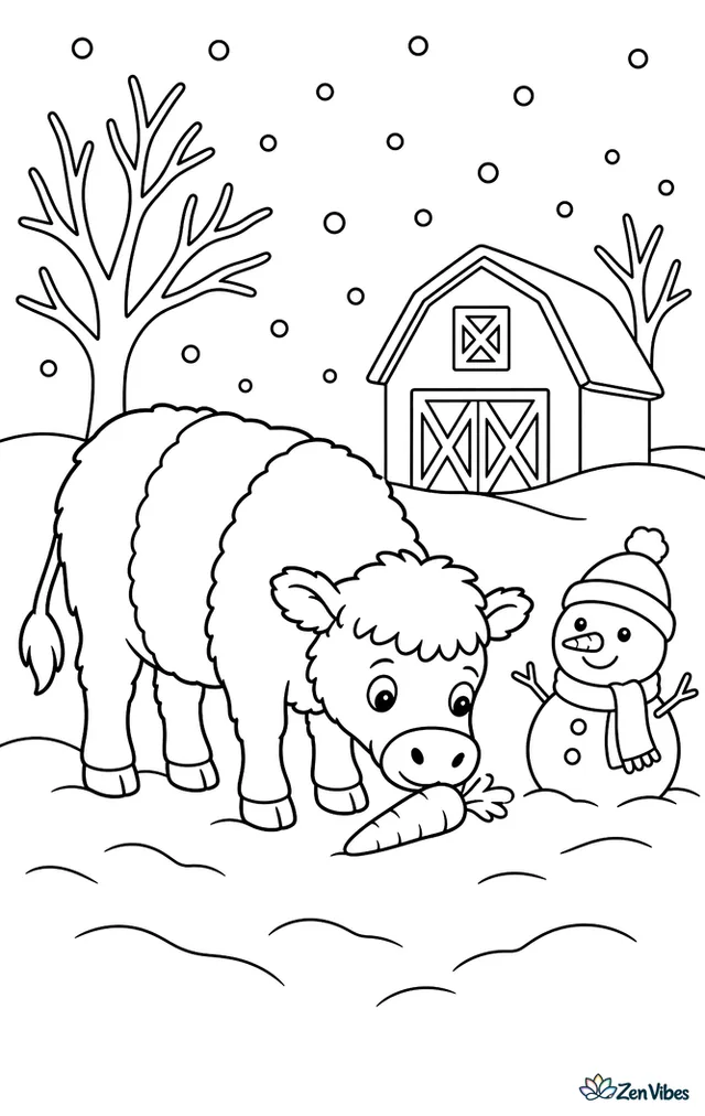 A Belted Galloway cow stands in a snowy pasture, sniffing a carrot near a small snowman, with bare trees, a barn, and gentle flakes falling around.