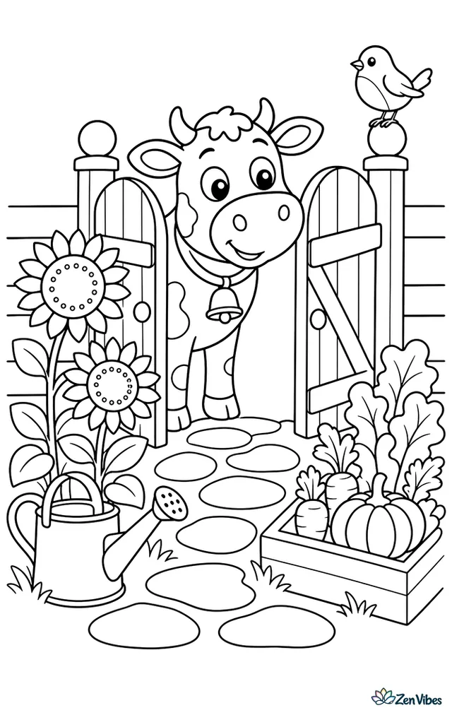 A Dexter cow peeks through an open garden gate, curious about sunflowers and a watering can, with a stone path, vegetable beds, and a robin on a post.