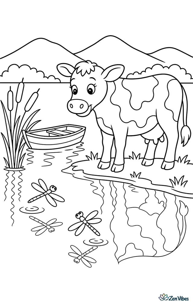 A Milking Shorthorn cow stands beside a quiet lake, watching dragonflies skim the water, with reeds, a rowboat, and low mountains reflected in the surface.