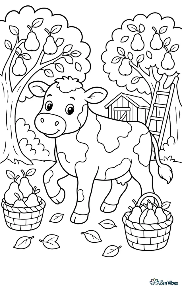 A Red Poll cow wanders through an orchard, stepping around baskets of pears, with ladder rungs, fallen leaves, and a small shed tucked behind trees.