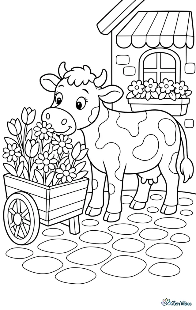 A Normande cow stands beside a flower cart, sniffing daisies and tulips, with cobblestones, striped awning fabric, and window boxes on nearby cottage walls.