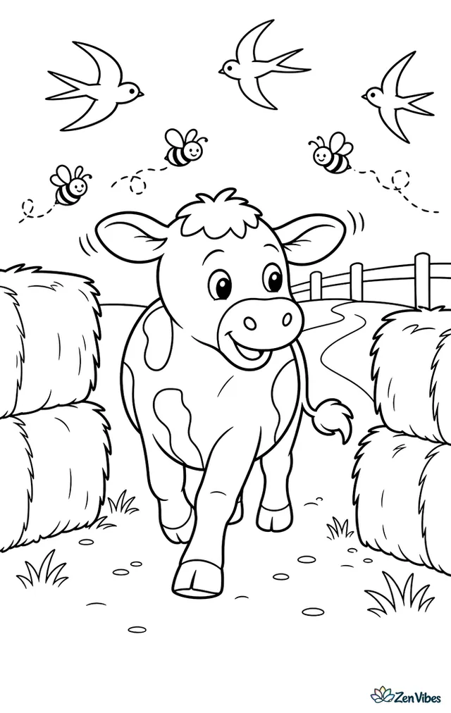 A Devon cow walks between stacked hay bales, flicking its ears at buzzing bees, with a tractor path, fence line, and swallows circling the open field.