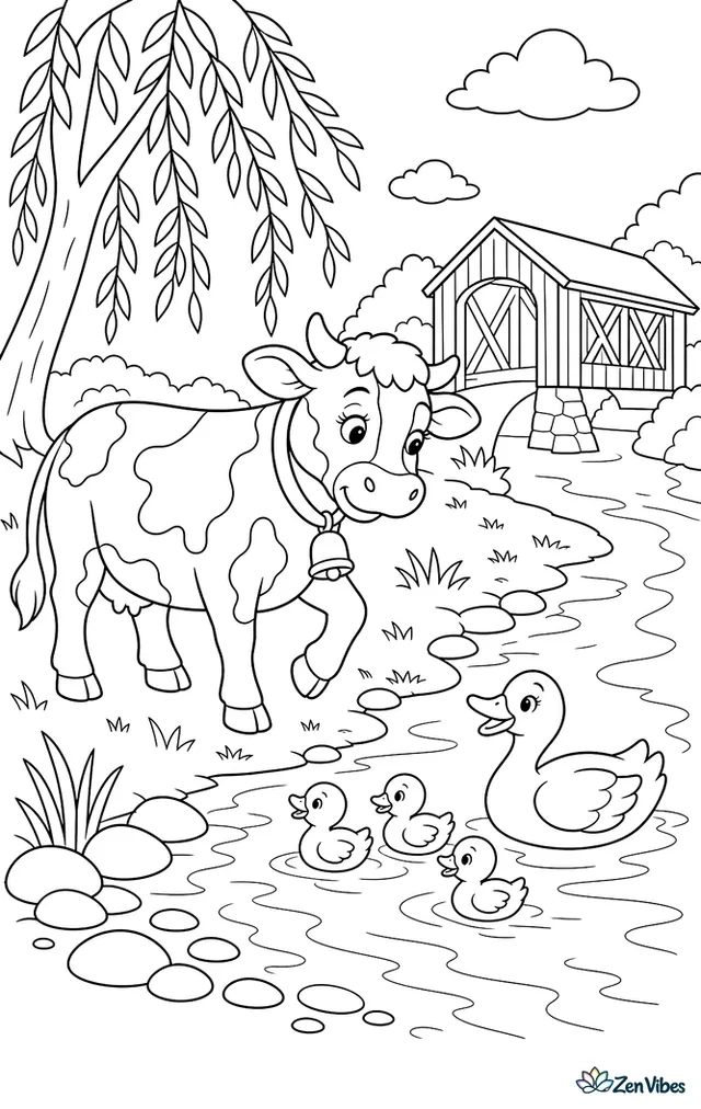 A Simmental cow crosses a grassy riverside, pausing to watch a duck family, with willow branches, smooth pebbles, and a distant covered bridge.