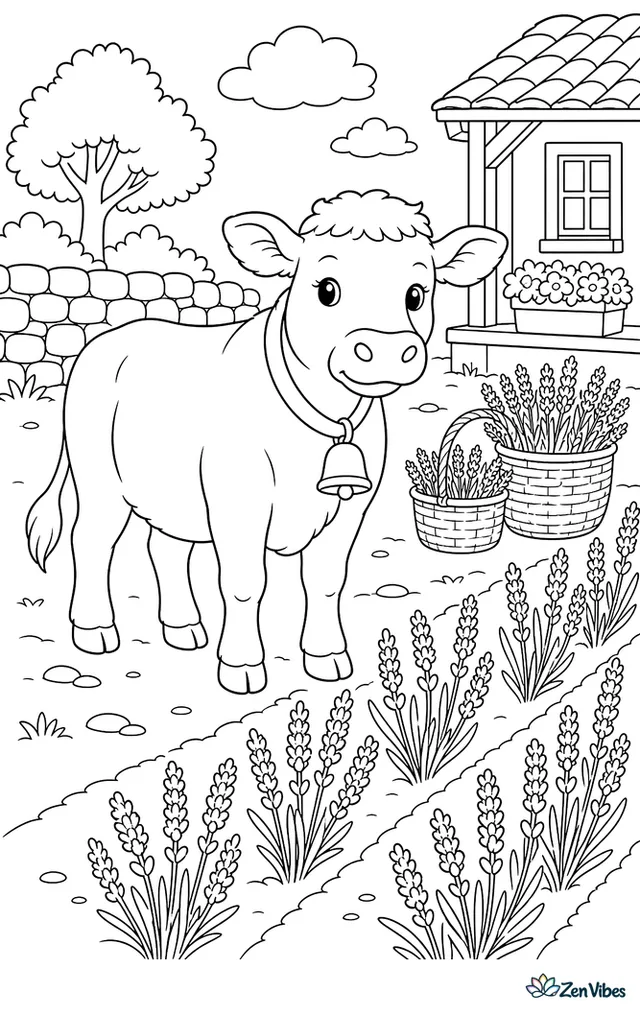 A Charolais cow stands near rows of blooming lavender, wearing a simple bell collar, with baskets, a stone wall, and a farmhouse porch in the distance.