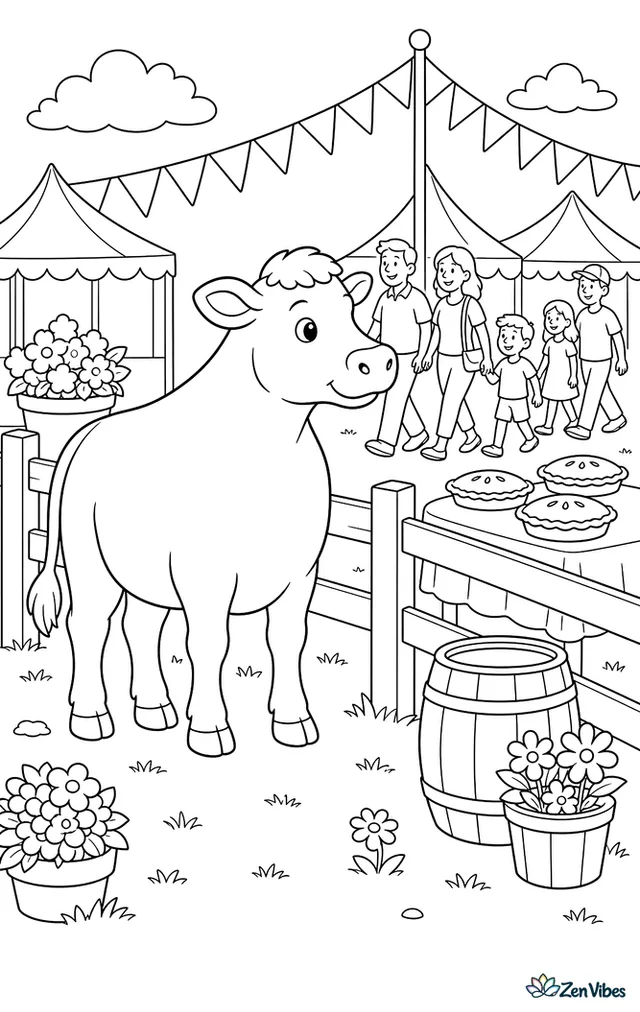 A Limousin cow stands at a country fair pen, looking toward bunting and pie tables, with barrels, flower pots, and families strolling past nearby tents.
