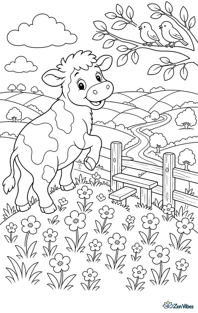 An Angeln cow climbs a buttercup-covered hill, looking over patchwork fields, with a wooden stile, songbirds on a branch, and a winding lane below.