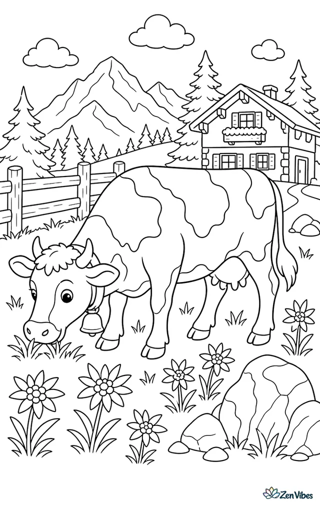 A Pinzgauer cow grazes in a mountain meadow dotted with edelweiss, with rocky outcrops, a log fence, and a chalet beneath tall pine-covered slopes.