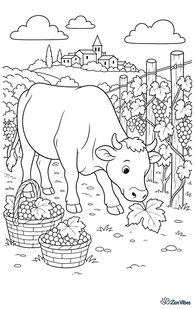 A Blonde dAquitaine cow walks beside vineyard rows, nosing a fallen grape leaf, with trellis posts, harvest baskets, and a hillside village beyond the vines.