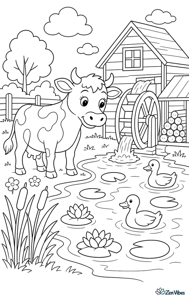 A Swedish Red cow stands beside a millpond, watching lily pads drift, with a waterwheel, ducks, cattails, and stacked firewood near the mill house.