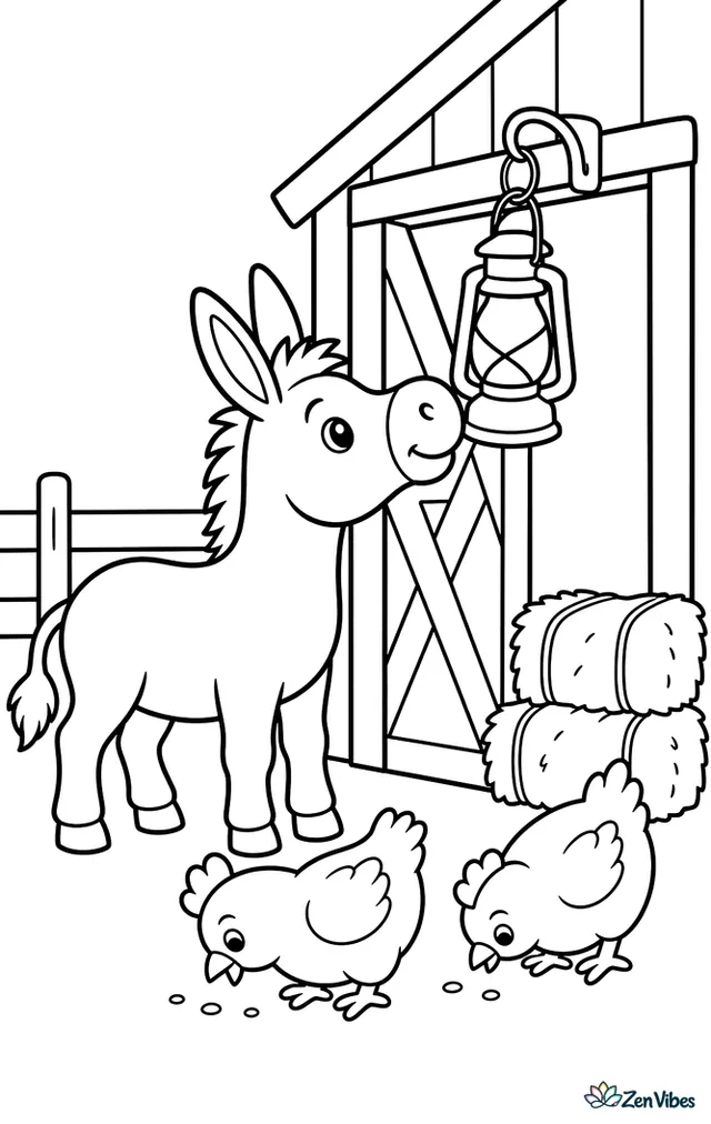 A miniature donkey stands beside an open barn door, sniffing a hanging lantern while chickens peck near hay bales and a wooden fence lines the farmyard under simple clouds.