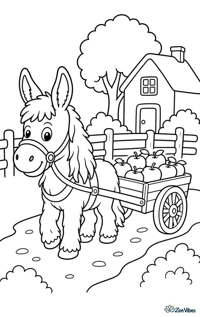A Poitou donkey pulls a small cart filled with apples along a dirt lane, passing a split-rail fence, round bushes, and a single shady tree beside a farmhouse.
