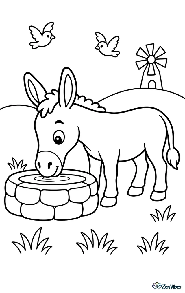 A Nubian donkey drinks from a stone watering trough in a pasture, with tufts of grass, a windmill, distant hills, and two fluttering birds in a wide sky.