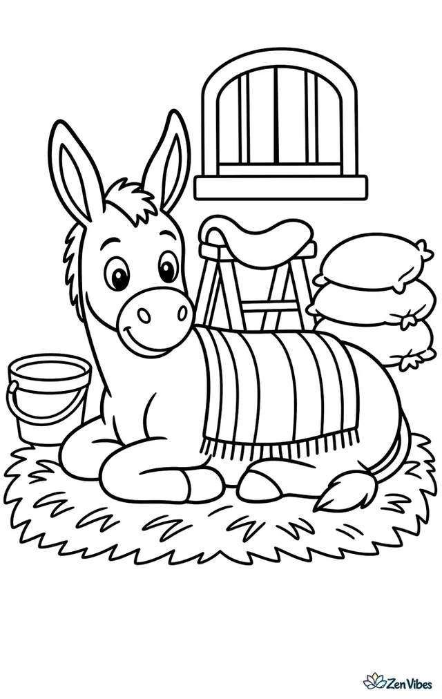 An Andalusian donkey rests on straw wearing a striped blanket, while a bucket, saddle stand, stable window, and stacked feed sacks create a calm barn interior.