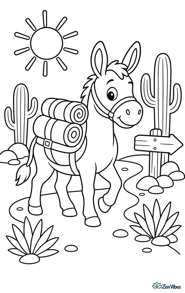 A burro walks along a desert trail carrying rolled blankets, passing saguaro cacti, smooth rocks, agave plants, and a wooden signpost beneath a bright sun.