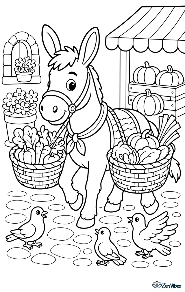 A Catalan donkey carries woven baskets of vegetables through a village market, with striped awnings, crates of pumpkins, cobblestones, flowerpots, and smiling pigeons nearby.
