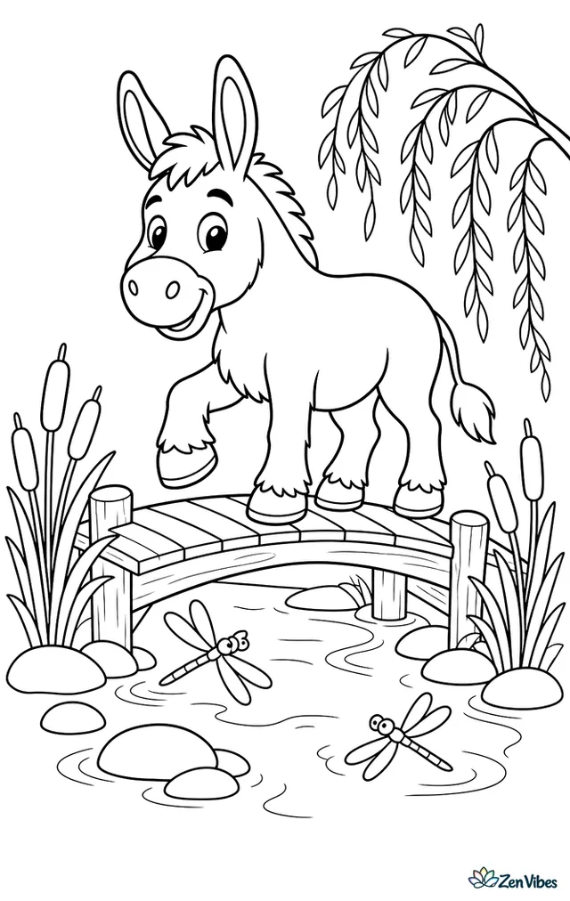 A Mammoth Jackstock donkey crosses a wooden bridge over a shallow creek, surrounded by cattails, river stones, willow branches, and dragonflies skimming above the water.