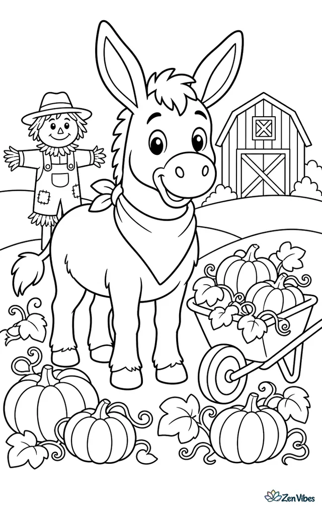An American Mammoth donkey stands in a pumpkin patch wearing a bandana, beside a wheelbarrow, vine-covered pumpkins, a scarecrow, and a red barn in the distance.