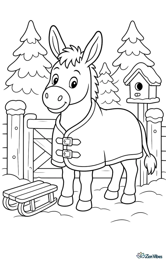 A Provence donkey stands by a farm gate in fresh snow, wearing a cozy rug, with pine trees, a wooden sled, fence posts, and a small birdhouse nearby.