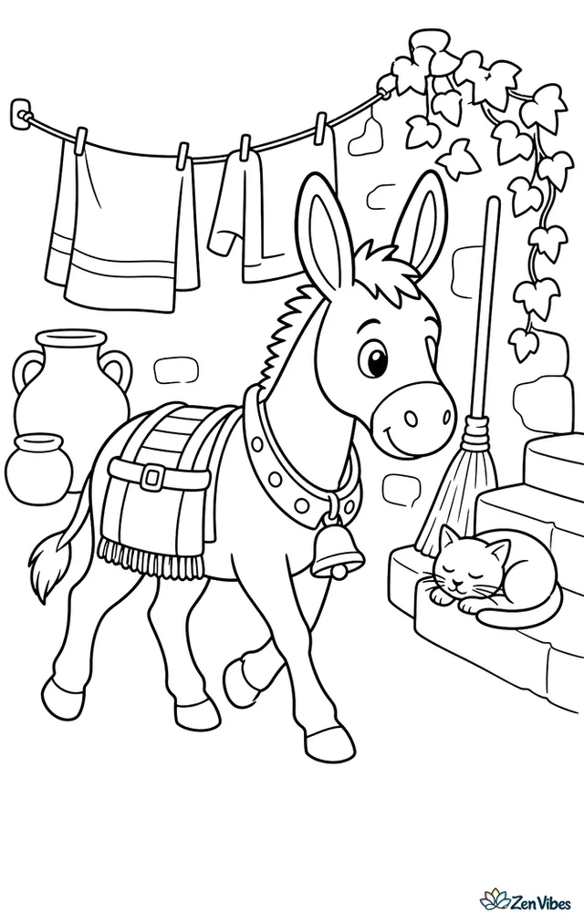 A Zamorano-Leones donkey ambles through a sunny courtyard, passing a laundry line, clay pots, a broom, ivy-covered walls, and a sleeping cat near stone steps.