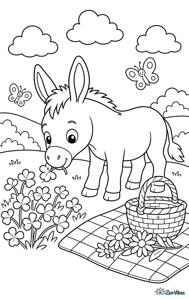 A miniature Mediterranean donkey nibbles clover beside a picnic blanket, with a wicker basket, daisies, butterflies, and rolling meadow hills under puffy clouds.