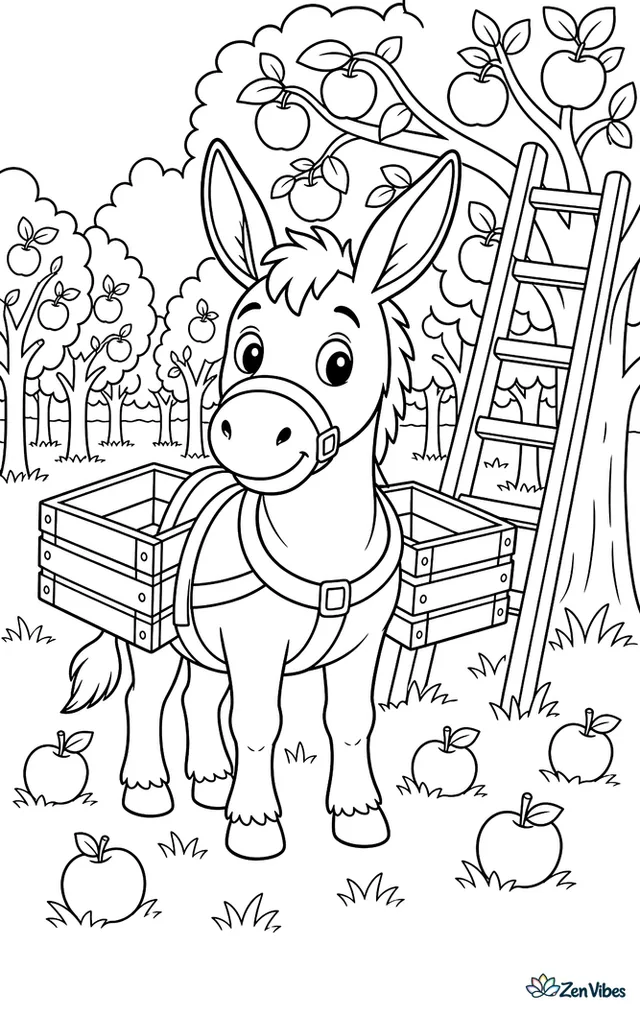 A Miranda donkey waits under an apple orchard ladder with empty crates strapped to its sides, while fallen apples, grass, and neat rows of trees fill the scene.
