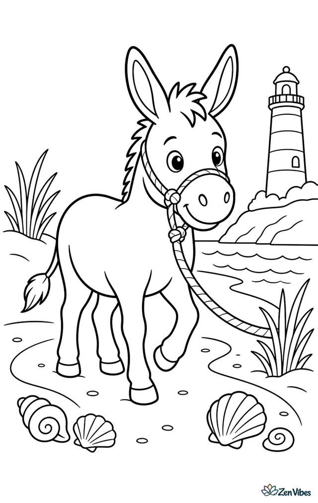 A Asinara donkey strolls along a seaside path with a rope halter, passing dunes, seashells, beach grass, and a striped lighthouse overlooking gentle waves.