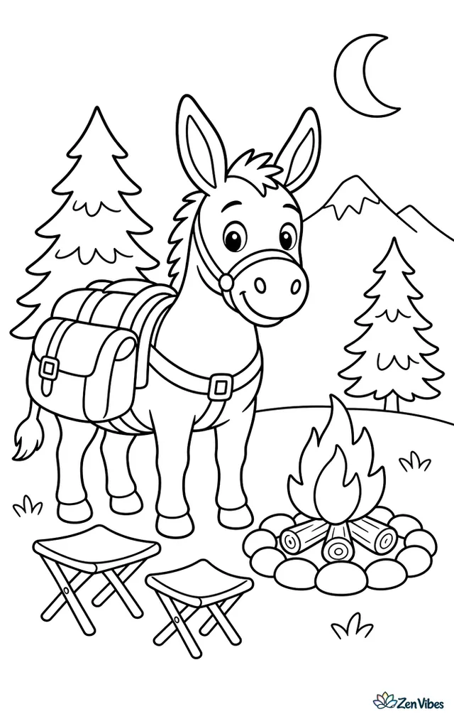 A burro stands near a campsite at dusk, wearing panniers beside a campfire ring, folded stools, pine trees, and a crescent moon above distant mountains.