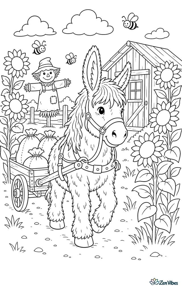 A Poitou donkey walks between tall sunflower rows pulling a tiny wagon of seed sacks, with buzzing bees, a scarecrow, and a weathered shed at the field edge.
