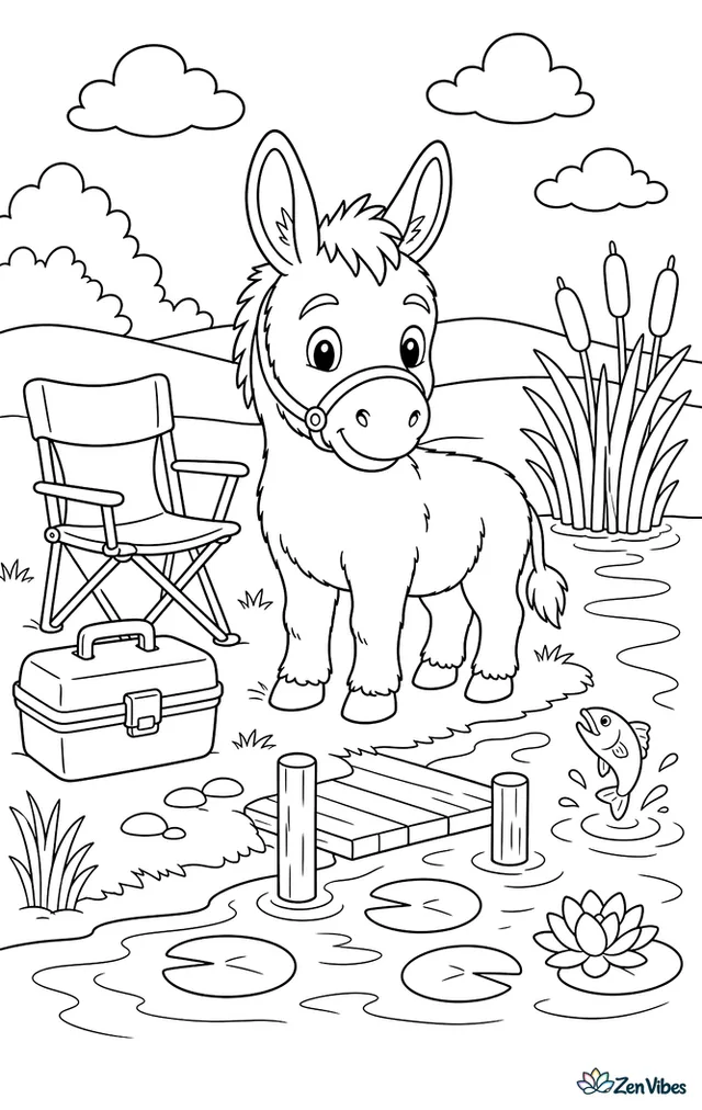 A miniature donkey waits by a riverbank beside a tackle box and folded chair, with reeds, lily pads, a wooden dock, and jumping fish creating a peaceful outdoor scene.