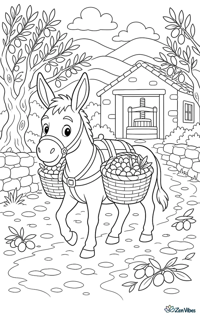 A Catalan donkey carries baskets through an olive grove, winding between gnarled trunks, stone walls, scattered olives, and a rustic press house beneath layered hills.