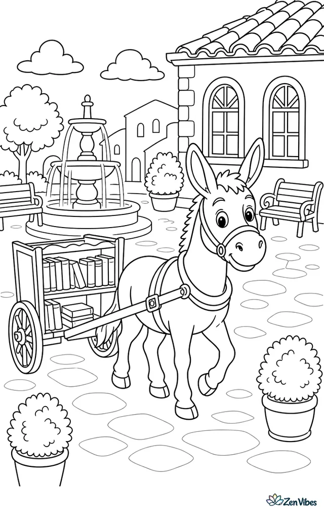 A Nubian donkey pulls a small book cart through a village square, passing a fountain, benches, potted shrubs, and tall windows on a quiet stone building.