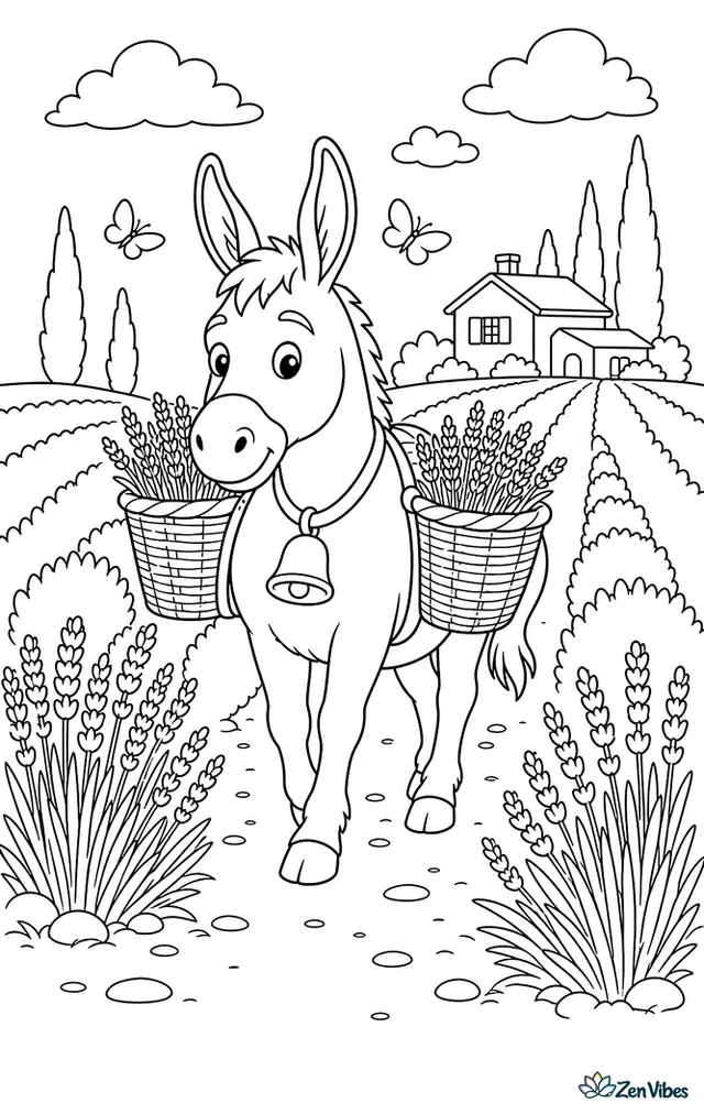 A Provence donkey walks along neat lavender rows wearing a bell collar, with wicker baskets, fluttering moths, distant cypress trees, and a farmhouse on the horizon.