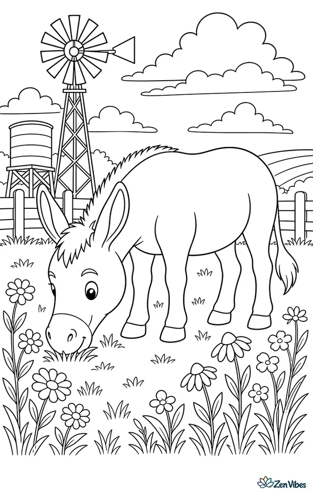 An American Mammoth donkey grazes in a field near a windmill, surrounded by wildflowers, a water tank, fence rails, and layered clouds stretching across open farmland.