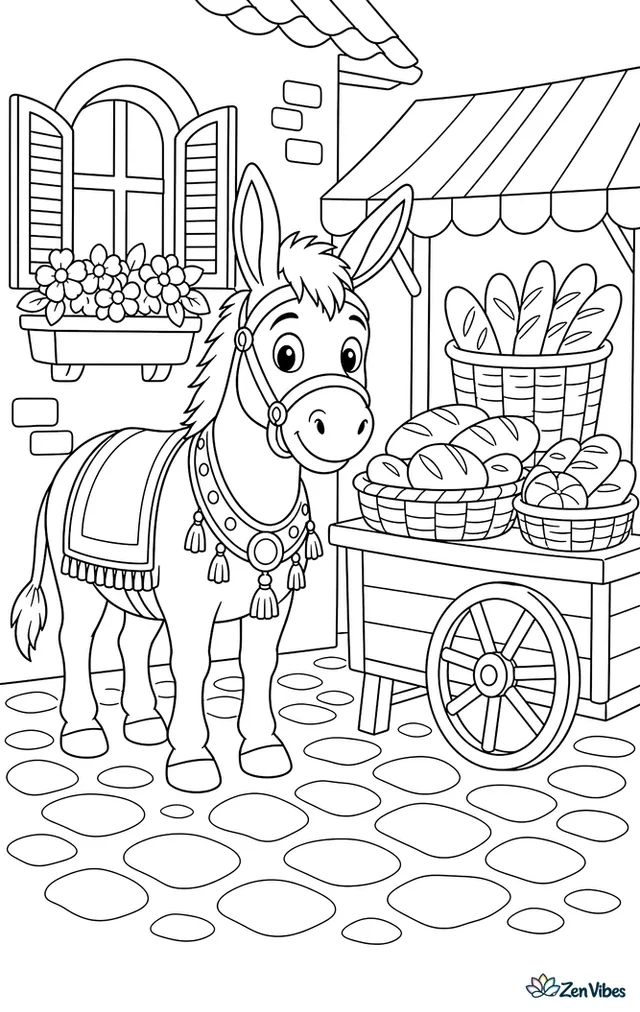 A Zamorano-Leones donkey stands outside a bakery cart loaded with bread baskets, while cobblestones, shuttered windows, flower boxes, and a striped awning frame the street.
