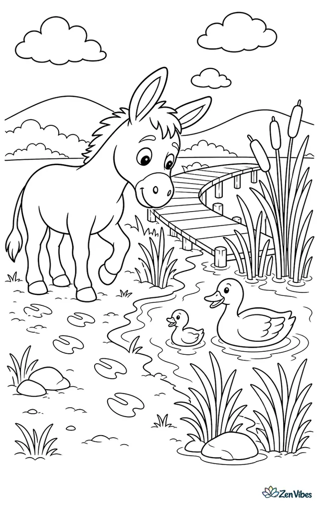 A burro steps carefully beside a marsh edge, watching ducks among reeds, cattails, muddy footprints, and a curved boardwalk with distant hills beyond the water.