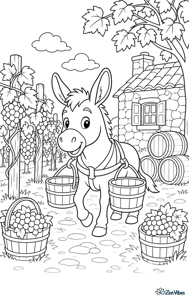 A Miranda donkey carries empty tubs between vineyard rows, passing trellised grapevines, stacked barrels, baskets of grapes, and a stone cottage under autumn leaves.