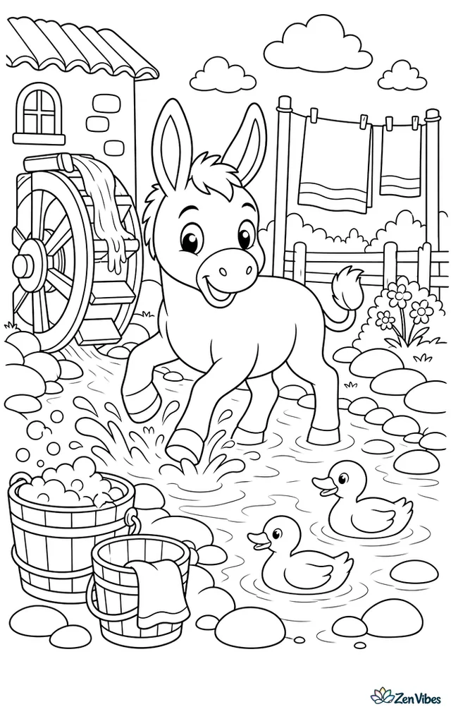 A miniature Mediterranean donkey splashes its hooves in a millstream, with a wooden waterwheel, soap buckets, smooth pebbles, drying towels, and ducks paddling nearby.
