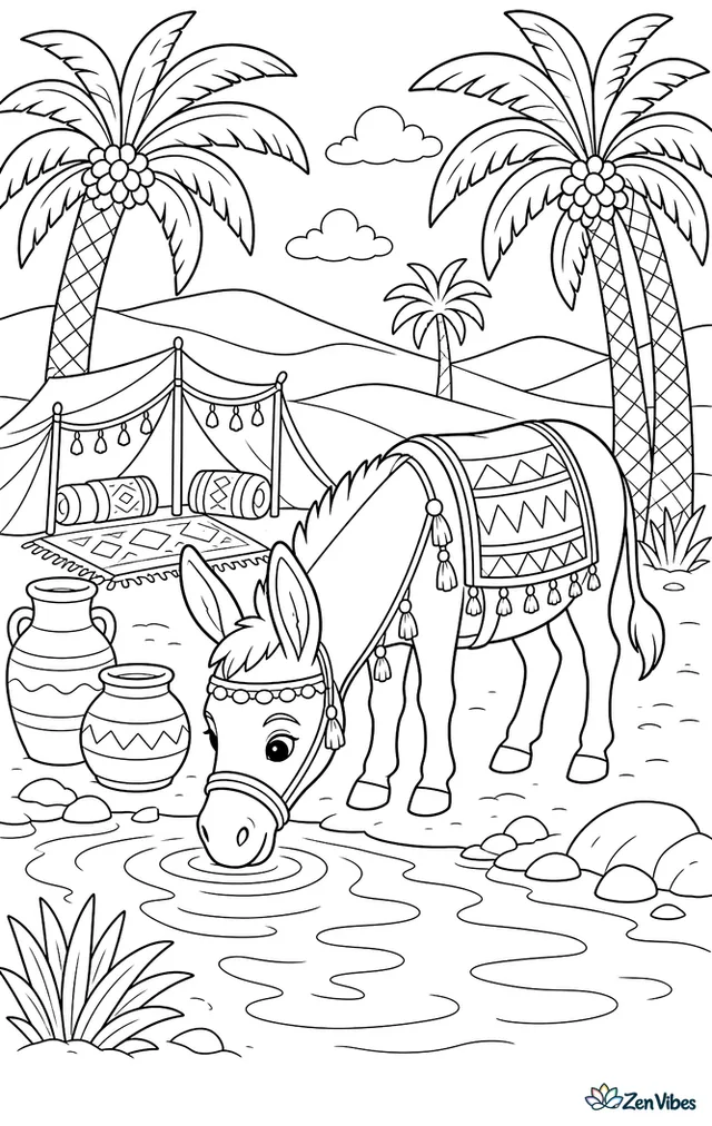 An Andalusian donkey drinks at a desert oasis, framed by date palms, layered dunes, clay jars, patterned blankets, and a low tent near rippling water.