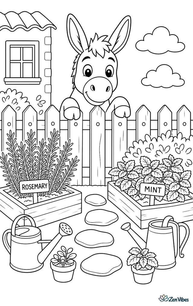 A Sardinian donkey peers over a picket fence into an herb garden, where raised beds, watering cans, stepping stones, and labeled rosemary and mint planters fill the yard.