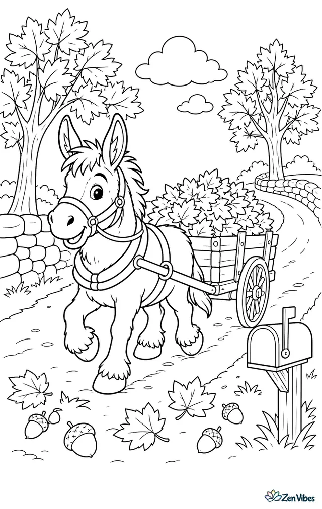 A Mammoth Jackstock donkey trots down a maple-lined lane pulling a leaf-filled wagon, with stone walls, acorns, and a mailbox near a winding country road.