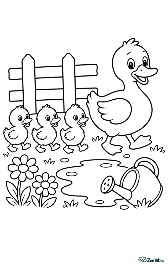 Three fluffy Pekin ducklings follow their mother across short grass beside a farm puddle, with daisies, a wooden fence, and a tipped watering can nearby.