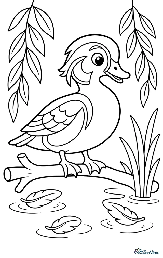 A wood duck stands on a low branch above calm water, surrounded by hanging willow leaves, reeds, and a few floating feathers on a quiet morning.